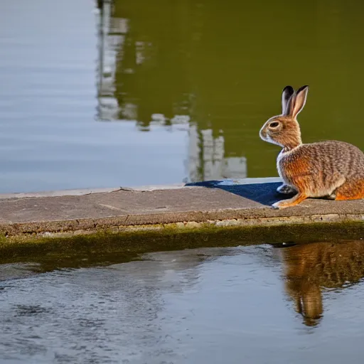 Image similar to high detailed photo of a rabbit relaxing at a nearby lake with a duck.