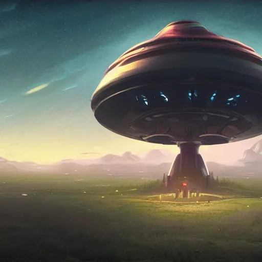 Image similar to a digital painting an enormous ufo spaceship in the sky far away. in the distance. concept art by simon stalenhag and peter mohrbacher cgsociety, speedpainting, apocalypse art. unreal engine. hyper - realistic. photo realistic. 3 d render. octane render. detailed masterpiece. extreme wide shot.