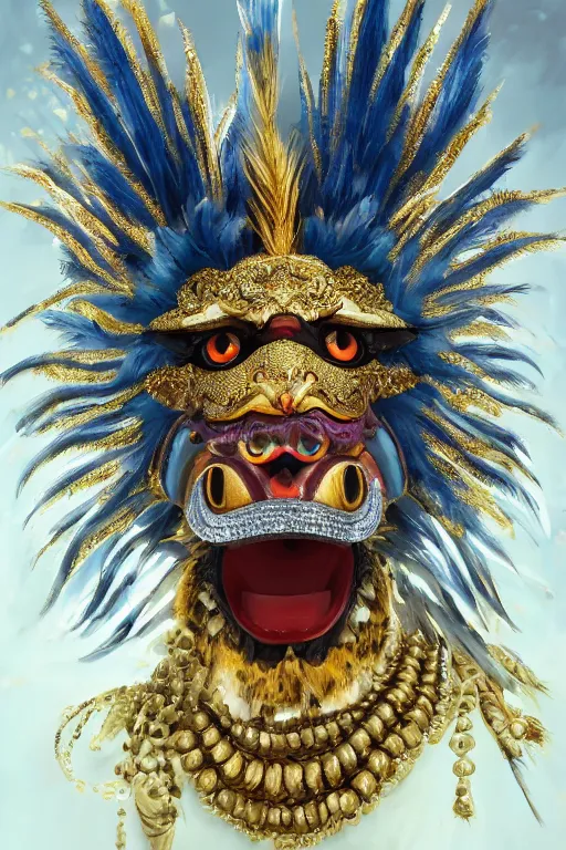 Prompt: masterful fantastic realist painting an exotic ancient feathered and bejeweled bird wearing an exquisite and fiercely painted bugaku mask of a tiger, gold chains strung like tinsel, digital painting trending on artstation, viciously blinded, shimmering opal, volumetric lighting and mist, cosplay, portrait painting, hyperrealistic, octane render