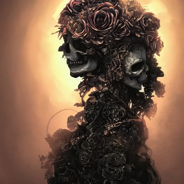 Image similar to a chaotic goddess of death skeleton as a heroine, intricate, elegant skull black rose s day of the dead atmospheric, dramatic, Trending on artstation. augmentations and cybernetic enhancements neon circuits, greg rutkowski , hyperrealist, cinema4D, 8k highly detailed