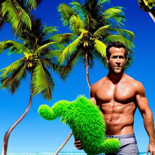 Prompt: photo of ryan reynolds on a tropical beach, one palm tree, calm ocean, fighting a giant mint monster, highly detailed