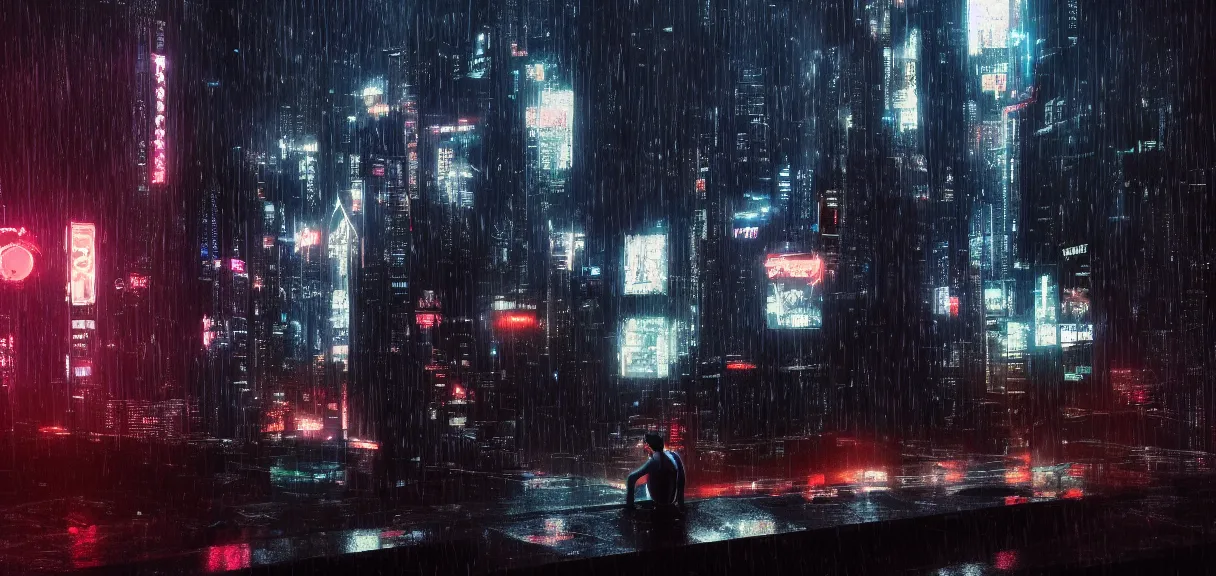 Image similar to shot of the roof with single man sitting on the edge during rain, below impressive cyberpunk night city during great rainy storm with lightning, nightscape, futuristic architecture, realistic photo, neons, blade runner, akira style, cinematic lighting, cinematic angles