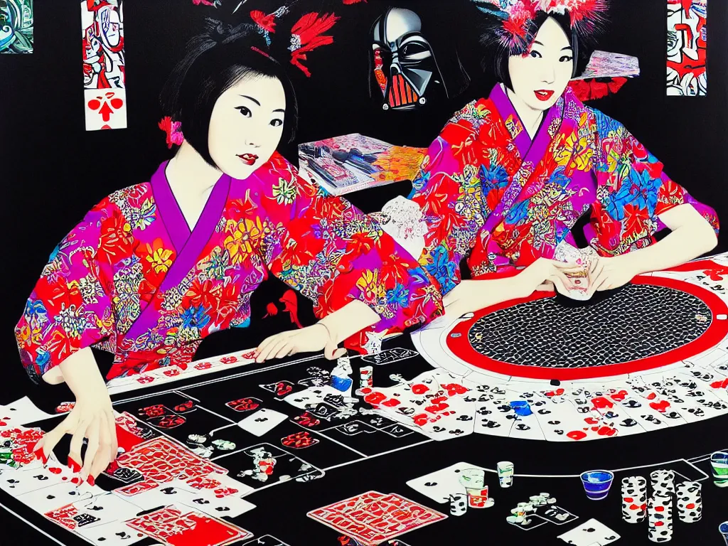 Image similar to hyperrealism composition of the detailed woman in a japanese kimono sitting at an extremely detailed poker table with darth vader, fireworks on the background, pop - art style, jacky tsai style, andy warhol style, acrylic on canvas