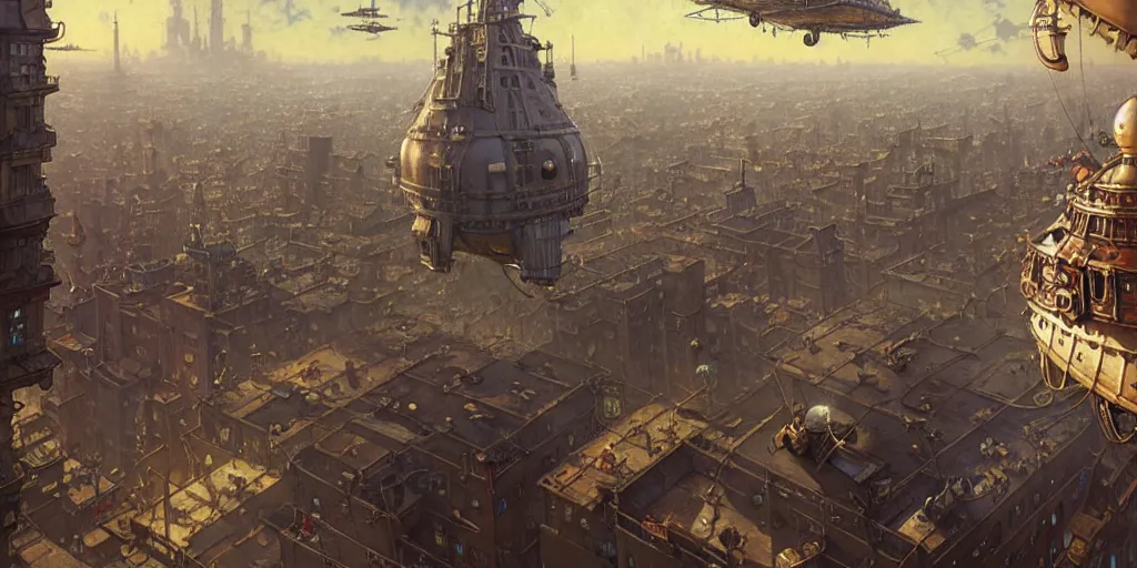 Prompt: steampunk airship above a busy city, exquisite details, denoised, mid view, by norman rockwell, karl kopinski, artsation, greg rutkowski, makoto shinkai, takashi takeuchi, studio ghibli