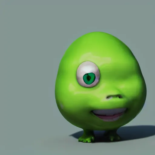 Prompt: 3 d octane render of a chibi transparent green slimeball character with eyes