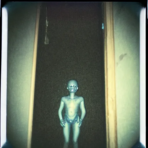 Image similar to a humanoid creature at the bottom of a dark stairwell, dark!, creepy!!!, unsettling, uncanny valley!, old polaroid, expired film,