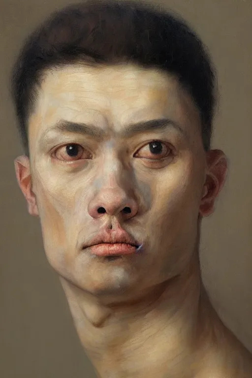 Prompt: beautiful clean oil painting biomechanical portrait of young man face by huaishen j, wayne barlowe, freud lucian, rembrandt, complex, stunning, realistic, skin color