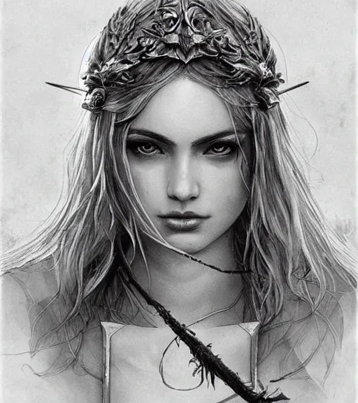 Image similar to beautiful aphrodite goddess wearing an arrow on her head, realistic face, beautiful eyes, black and white drawing, in the style of greg rutkowski, fantasy, amazing detail, epic, intricate, elegant, smooth, sharp focus