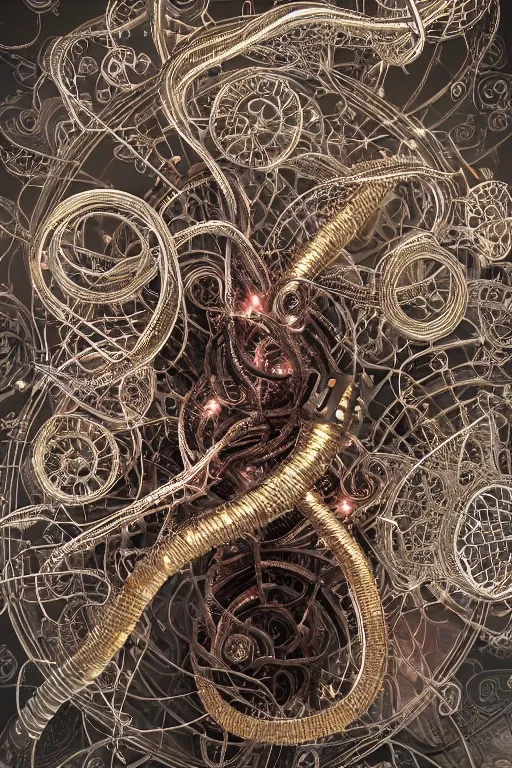 Image similar to an immaculate render of a metallic spiral made of old modular robot parts spawning cables and bird wings floating in a temple surrounded by wild tentacles made from mandalas and incense smoke, powerful, cinematic, beautifully lit, by craig mullins, by galan pang, 3 d, trending on artstation, octane render, 8 k