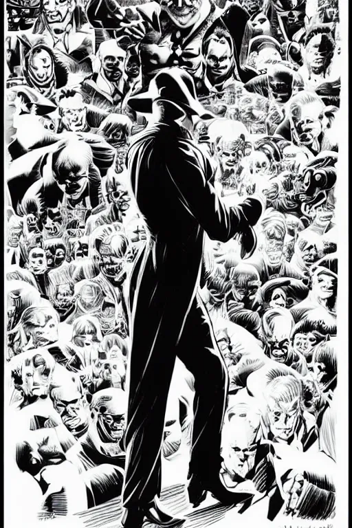 Prompt: full body digital illustration of a solitary sinister man by brian bolland, rachel birkett, alex ross, and neal adams | matte background, centered, character concept, concept art, deviantart, artgerm