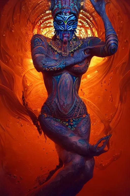 Image similar to a centered full body render of an alluring goddess wearing a tribal mask surrounded by a underwater ink pour and flowing liquid galiumand sacread geometry, perfect face, powerful, cinematic, beautifully lit, by artgerm, by karol bak, by viktoria gavrilenko, 3 d, trending on artstation, octane render, 8 k