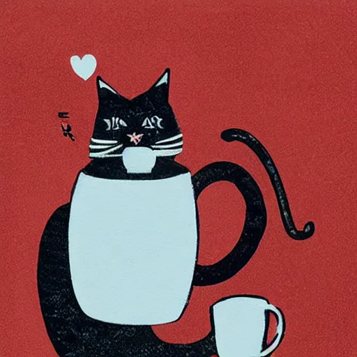 Image similar to a cute cat is drinking coffee. modern printmaking