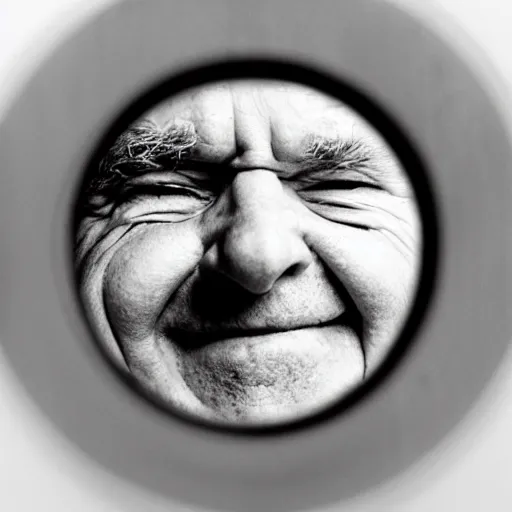 Image similar to a smiling old man seen through a peephole