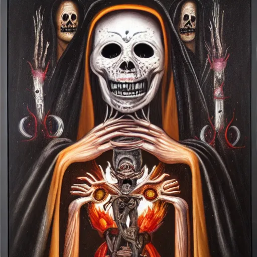 Image similar to santa muerte being awakened by a mexican death cult through a ritual, by anton semenov and amanda sage and h.r. giger in a surreal dark horror style, oil on canvas, 8k, hd,