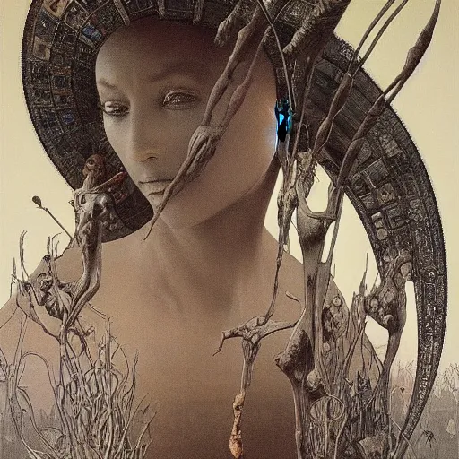 Image similar to queen of mars by zdzisław beksinski and alphonse mucha