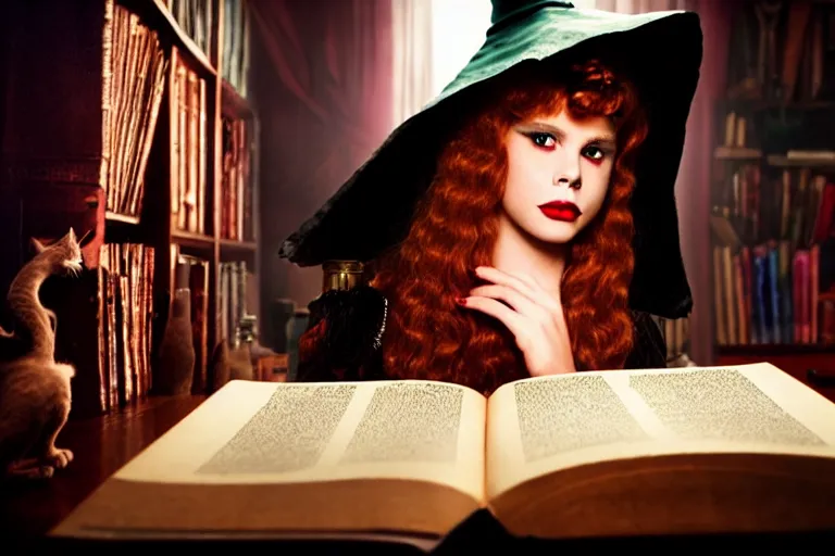 Prompt: close up portrait, dramatic lighting, teen witch casting a spell over a large open book on a table with dynamic action, cat on the table in front of her, sage smoke, a witch hat cloak, apothecary shelves in the background, still from tim burton movie,