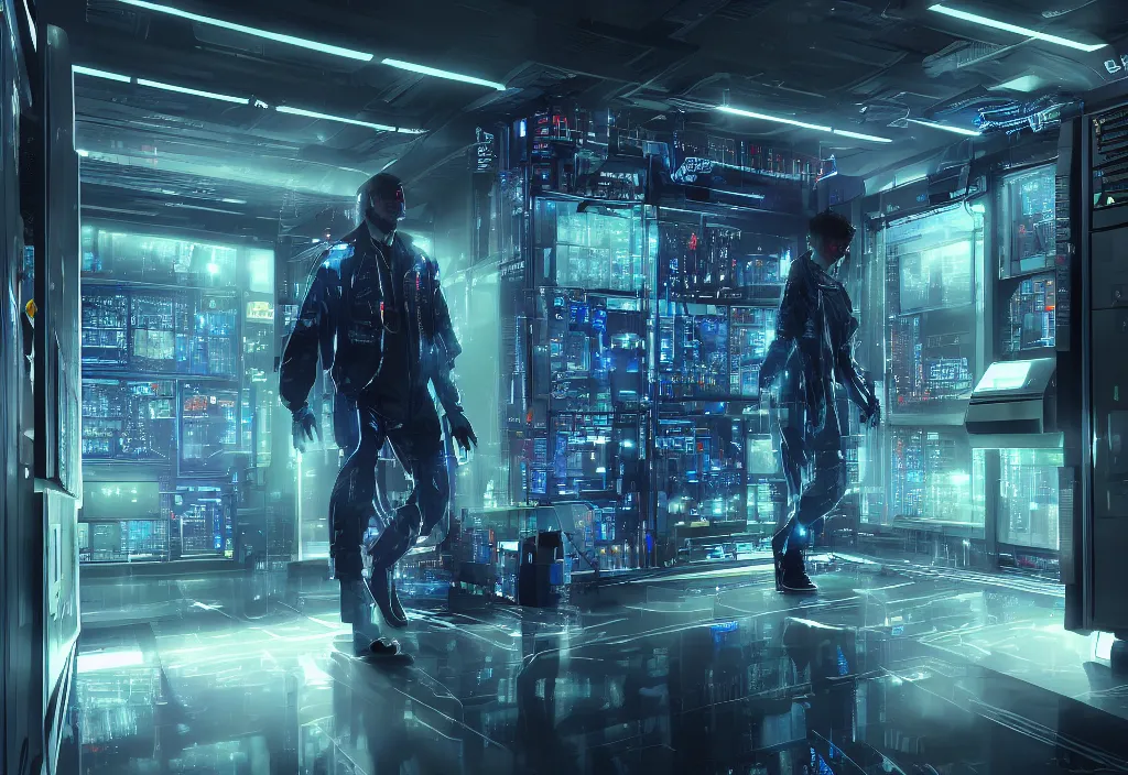 Image similar to cyberpunk server room in datacenter is the universe, dramatic lighting by barclay shaw style, by evan rhodes artstation style, human like a cyborg, cyberpunk character design, walking in server room, octane render 8 k, beautiful composition, ultra high details, professional master piece