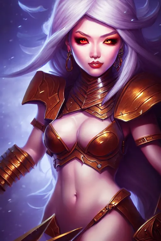 Image similar to sakimi chan, fantasy armor, detailed face, dynamic lighting, tony sart