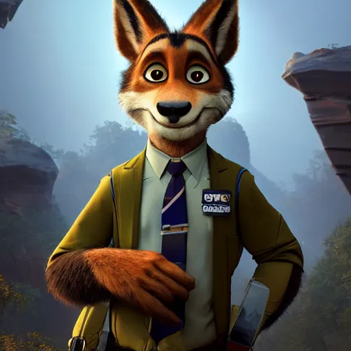 Image similar to a film still from zootopia main character portrait anthro anthropomorphic wolf security guard head animal person fursona wearing suit and tie pixar disney dreamworks animation sharp rendered in unreal engine 5 octane key art by greg rutkowski bloom dramatic lighting modeling expert masterpiece render