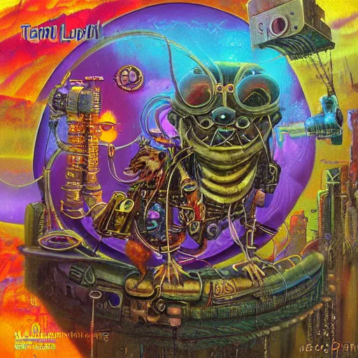 Image similar to steampunk rat, acid, 303, psychedelic, by paul lehr, cd cover for techno artist