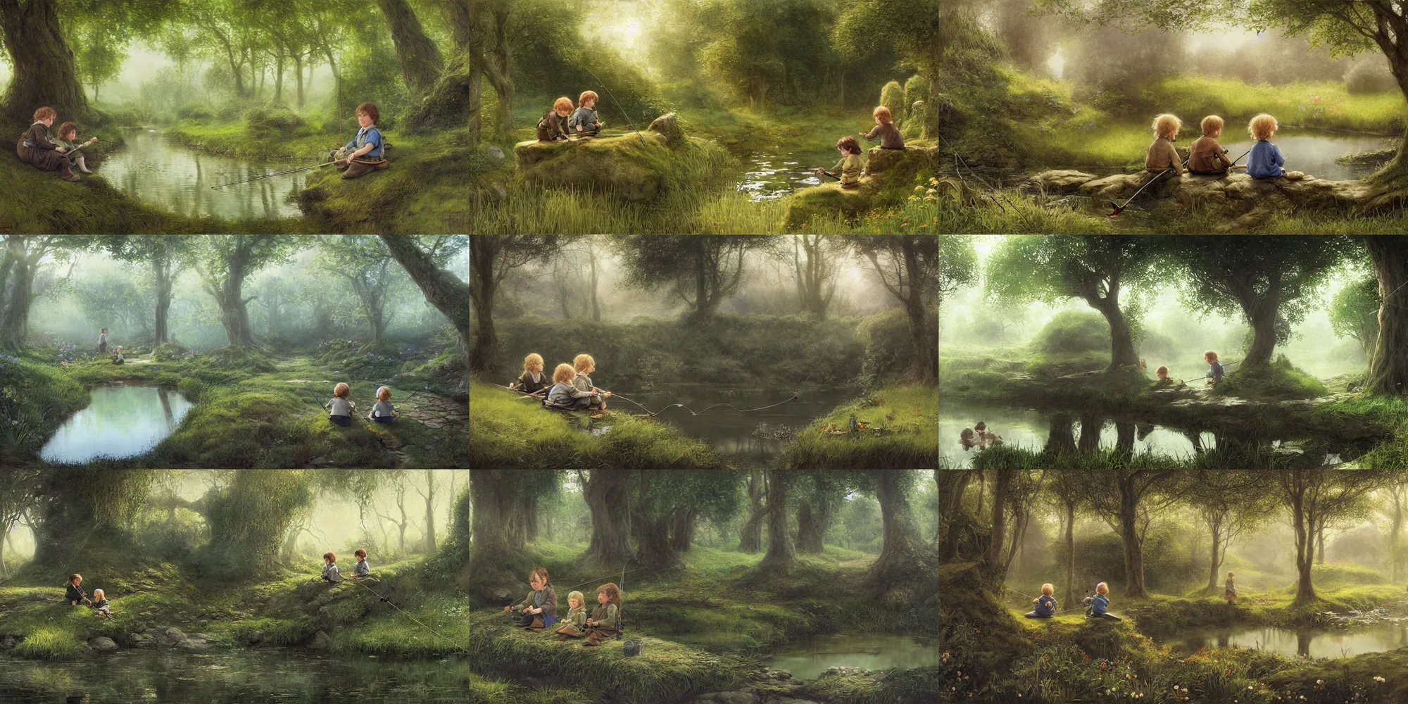 Prompt: two hobbit children sit with fishing poles near a mirror like pond, by alan lee, springtime flowers and foliage, dark foggy forest background, sunlight filtering through the trees, digital art, art station.