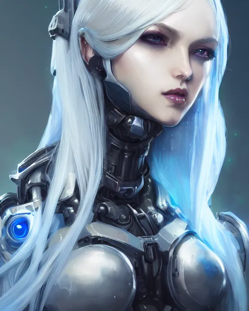 Image similar to holy cyborg necromancer girl, elegant, perfect face, scifi, futuristic, utopia, garden, illustration, atmosphere, warframe, blue eyes, white hair, artstation, nier automata, highly detailed, art by yuhong ding and chengwei pan and serafleur and ina wong