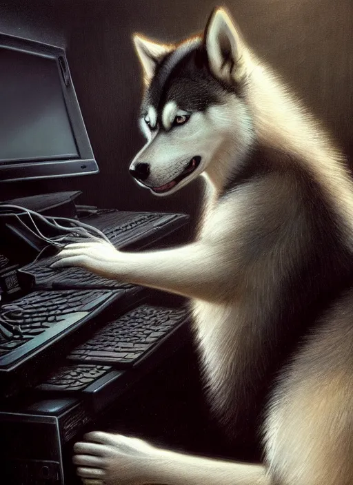 Image similar to insanely detailed chiaroscuro image of a exhausted - looking husky casually - dressed programmer guy on his knees facing his glowing ultrawide computer monitor monitor begging it for forgiveness, oil on canvas, masterwork, fine detail, trending on artstation, emotive, insanely compelling, ryden, koons, moebius