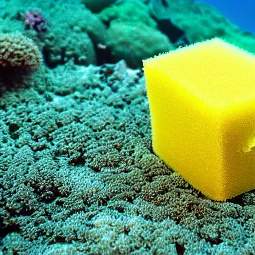 Image similar to High detailed shot of a Sponge that looks exactly like Spongebob found along a coral reef