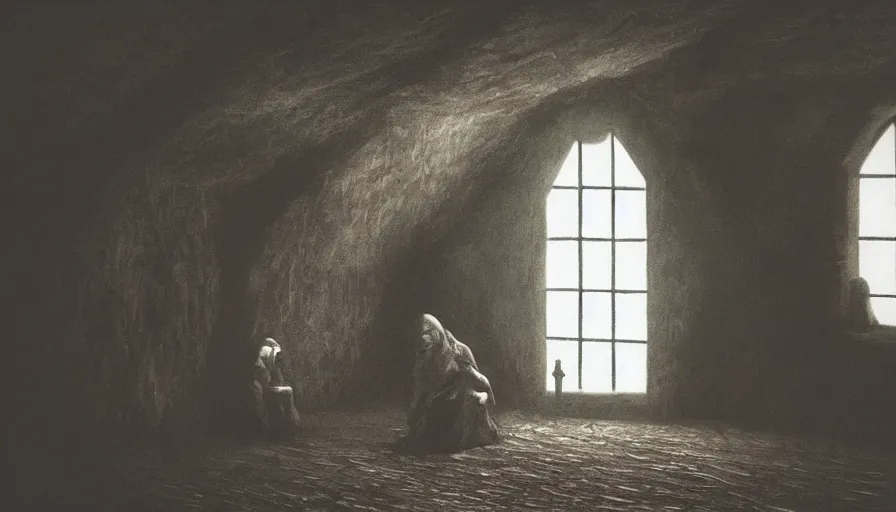 Image similar to in the long past, a alone child, alone in the darkside, cold place, mother of witchers in there, shaodws breathing, spirits in the dark, real atmosphere, old home decor, crossbreeding, rainy window