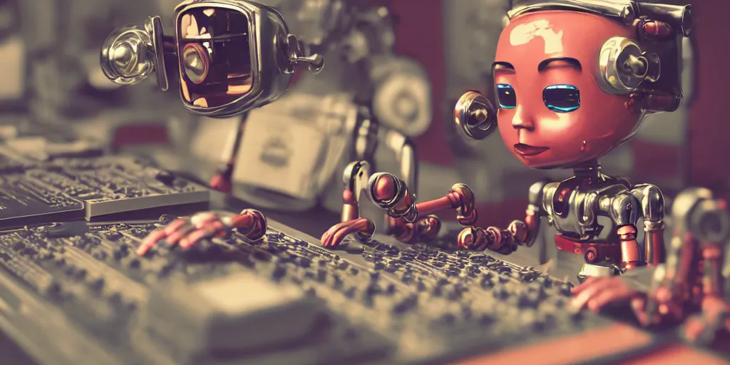 Prompt: closeup portrait of tin toy retro robot developper programming in a computer lab, depth of field, zeiss lens, detailed, centered, fashion photoshoot, by nicoletta ceccoli, mark ryden, lostfish, breathtaking, 8 k resolution, extremely detailed, beautiful, establishing shot, artistic, hyperrealistic, octane render