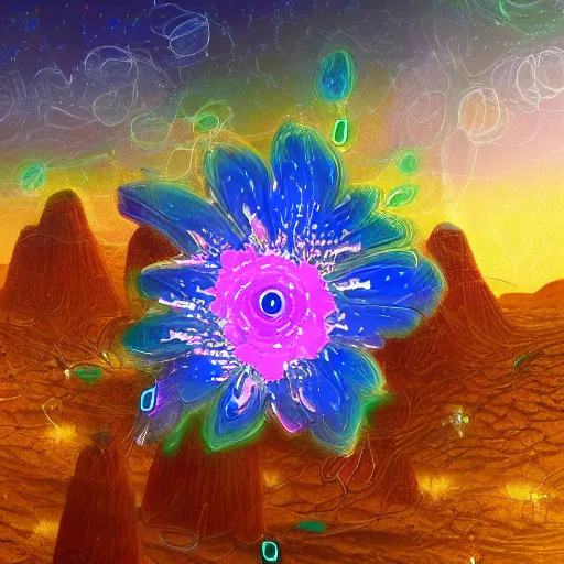 Image similar to detailed cyber flower at the desert landscape at the night highly detailed, lighting, sharp focus, in cyberpunk aesthetic, digital painting