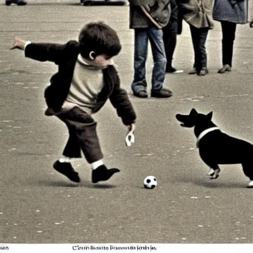 Image similar to book illustration of a french boy on the streets of paris playing football against a corgi, the dog is wearing a polka dot scarf, 1 9 6 6