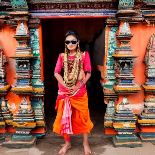 Image similar to a nepali model in a kathmandu temple, posing for playboy photoshoot next to hindu gods