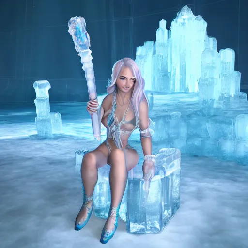 Image similar to an ice cyborg princess sitting on her ice throne in her ice castle wearing a bikini, holding an ice staff, highly detailed, unreal engine 5 render, ice, frost, white beautiful hair, cold colours, digital art, sci fi, illustration, concept art by jason chan and johannes helgeson
