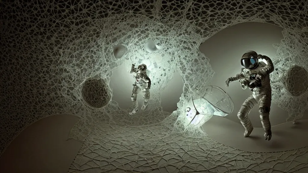 Image similar to a single astronaut eva suit made of diamond 3d fractal lace iridescent bubble 3d skin and covered with insectoid compound eye camera lenses floats through the living room, film still from the movie directed by Denis Villeneuve with art direction by Salvador Dalí, wide lens,