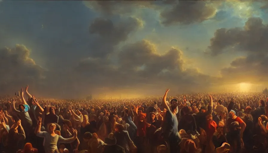 Prompt: painting of a panicked crowd pointing!! towards a glowing sky, raising their arms, volumetric lighting, nasty, hyperdetailed, realistic