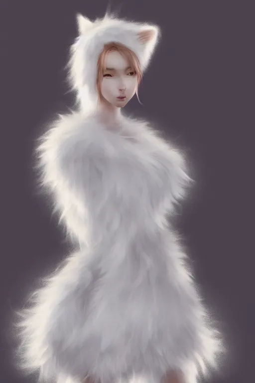 Prompt: beautiful aesthetic full body digital illustration of a young woman wearing a furry white dress, furry white cat ears and tail, by wlop and Julia Razumova, realistic, photorealistic, hyperrealistic, unreal engine, octane, deviantArt, trending on artstation, artstation HQ