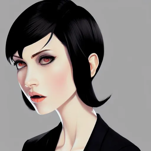 Image similar to slim cruel business girl in tuxedo with black bob hair, elegant, 2d, ultra highly detailed, digital painting, smooth, sharp focus, artstation, art by Ilya Kuvshinov