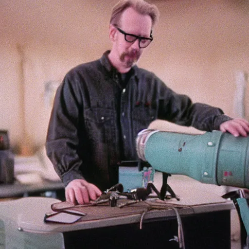 Prompt: color 35mm film still of Adam Savage, figure portrait