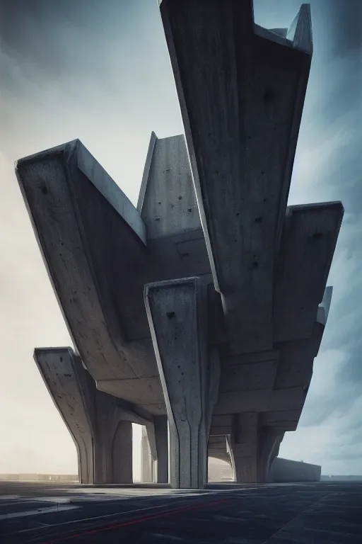 Image similar to sci - fi concrete brutalist architecture, rutkowski, zaha hadid, beksinski, oil painting, photoreal, highly detailed, 8 k, hd, vray, artstation, cinematic matte painting, soft pastl sunset, extreme detail photo quality, dark moody colors, featured on behance