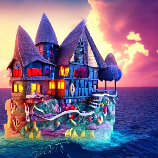 Image similar to a witches house made out of candy on the ocean, epic scene, fantasy, redshift render, cgi, hyper - detailed, photo - bash, 8 k post - production, masterpiece