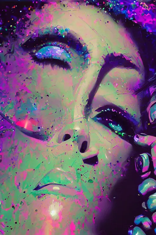 Prompt: portrait,, digital painting, an delightfully mad techno - shaman lady, asleep, synthwave, glitter, glitch, refraction, fracture, realistic, hyperdetailed, chiaroscuro, concept art, painterly, art by john berkey