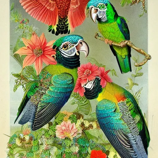 Prompt: beautiful elegant ernst haeckel fauna illustration of many greek cheek conures!!!!!! and flowers, ( greek cheek conure ) ( green cheeked parakeet ) ( pyrrhura molinae )