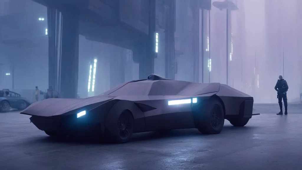 Prompt: A futuristic police car from Blade Runner 2049, film still from the movie directed by Denis Villeneuve with art direction by Salvador Dalí, wide lens