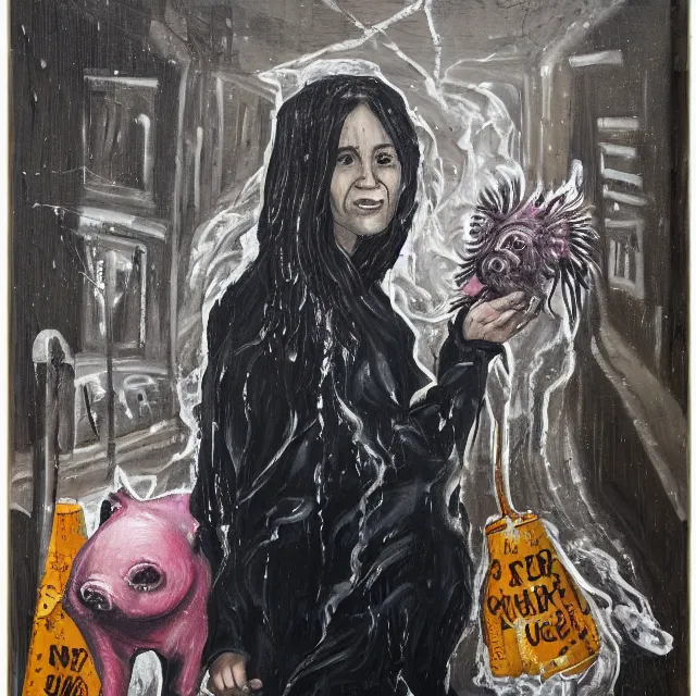 Image similar to a portrait in a dark laneway, a woman holding a piglet, streetlamps, wet, puddles, wild berries, rats, ikebana, octopus, neo - expressionism, surrealism, acrylic and spray paint and oilstick on canvas