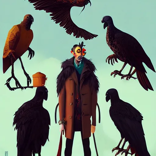 Image similar to anthropomorphic fashion vogue Vulture man man wearing a Buzzard costume wearing a hobo costume ripped physique gerald brom bastien grivet greg rutkowski norman rockwell portrait