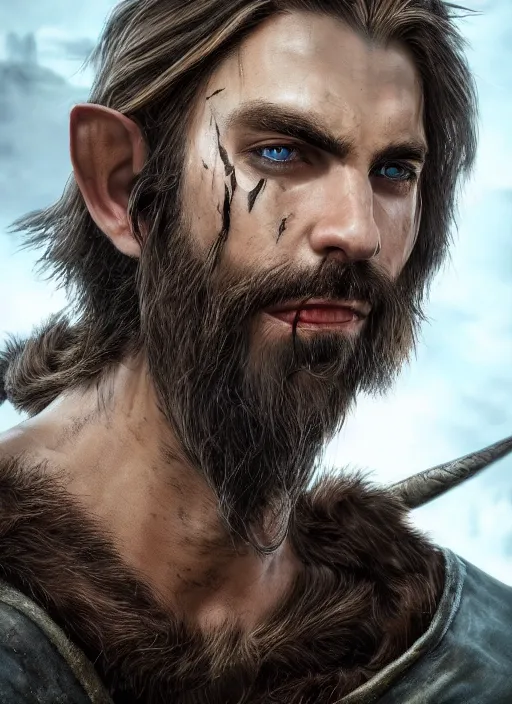 Prompt: A striking epic hyper real painting of an arrogant half elf ranger with shaggy brown hair, scruffy beard, scar on face, blue tunic, unreal 5, DAZ, hyperrealistic, octane render, cosplay, RPG portrait, dynamic lighting