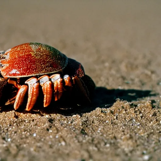 Image similar to An extreme close up of a large hermit crab in the sand, high DOF, National Geographic, F 1.8, Kodak Portra