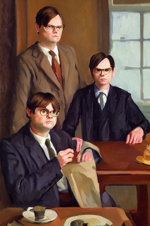 Prompt: portrait painting of dwight schrute and chrles boyle, in the style of albert marquet