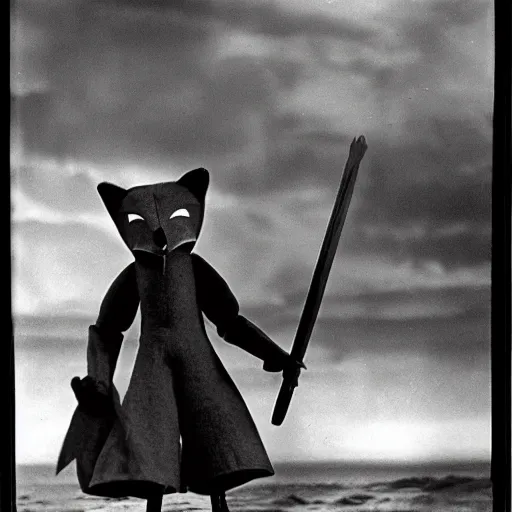 Prompt: anthropomorphic fox multi-jointed puppet who is a medieval knight standing steadfast towards a stormy ocean, 1930s film still